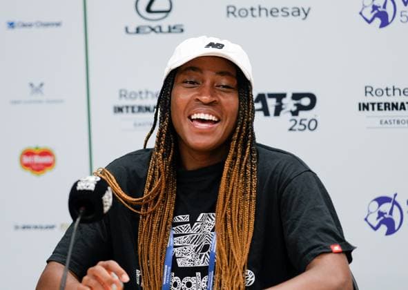 Mandatory Credit: Photo by Dave Shopland Shutterstock (13984798cd) USA s Coco Gauff press conference, PK, Pressekonferenz Rothesay International Eastbourne, Tennis, Day Two, Devonshire Park, Eastbourne, UK - 27 Jun 2023 Rothesay International Eastbourne, Tennis, Day Two, Devonshire Park, Eastbourne, UK - 27 Jun 2023 Copyright: xDavexShopland Shutterstockx 13984798cd