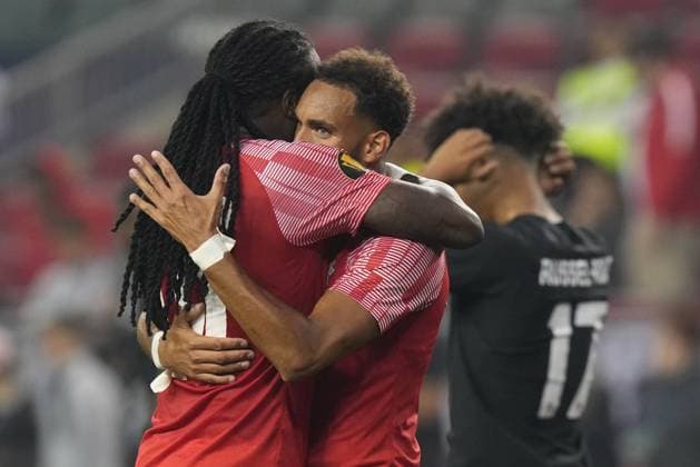 June 27, 2023, TORONTO, ON, CAN: Guadeloupe s Anthony Baron (centre) celebrates with Meddy Lina after an own goal by Canada s Jacen Russell-Rowe (right) earns Guadeloupe a 2-2 draw in CONCACAF Gold Cup group stage action in Toronto, on Tuesday, June 27, 2023. Anthony Baron; Meddy Lina; Jacen Russell-Rowe  - ZUMAc35_ 20230627_zaf_c35_126 Copyright: xChrisxYoungx