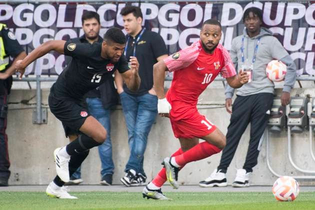June 27, 2023, Toronto, Ontario, Canada: Zac McGraw 15 (L) and Matthias PhaoÂ«ton 10 (R) in action during the CONCACAF Gold Cup, Group Stage game between Canada and Guadeloupe at BMO field in Toronto. The game ended 2-2. Toronto Canada - ZUMAm154 20230627_zap_m154_009 Copyright: xAngelxMarchinix
