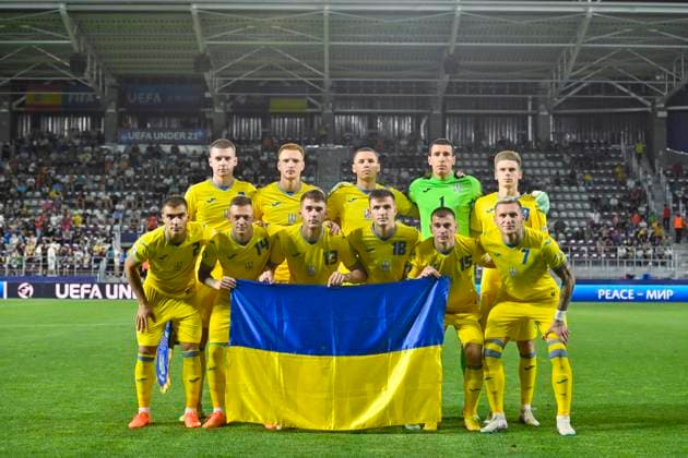BUCHAREST, ROMANIA - JUNE 27, 2023 - Players of Ukraine pose for a photo before the start of the 2023 UEFA European Under-21 Championship Group B Matchday 3 game against Spain at the Giulesti Stadium, Bucharest, Romania. Ukraine 2-2 Spain in U21, U 21 EURO match  Copyright: xPavloxKubanovx