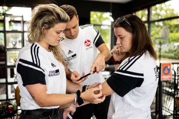 28 06 2023 1 FC Nuremberg FCN club women club women media appointment Cleopatra INK tattoo piercing motto brave to the end ThHa xthxhax Lea Paulick 1, 1 FC Nuremberg FCN Lara Felix 13, 1 FC Nuremberg FCN