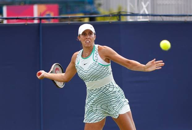 28th June 2023; Devonshire Park, Eastbourne, East Sussex, England: Rothesay International Eastbourne, Day 3, Madison Keys (USA) plays a forehand against Xiyu Wang (CHN)  ActionPlus12524731 HongboxChen