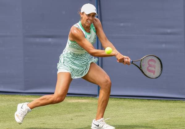 28th June 2023; Devonshire Park, Eastbourne, East Sussex, England: Rothesay International Eastbourne, Day 3, Madison Keys (USA) plays a backhand against Xiyu Wang (CHN)  ActionPlus12524757 HongboxChen