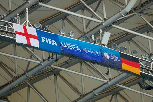 UEFA U21 European Championship, Germany England, 3 group match, 28 06 2023, Batumi The flags of Germany and England hang under the stadium roof, UEFA U21 European Football Championship in Romania and Georgia, Germany England, 3 group match, 28 06 2023, Batumi Copyright: xBEAUTIFULxSPORTS Meuselx