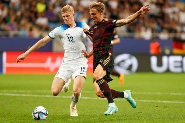 UEFA U21 European Championship, Germany England, 3 group match, 28 06 2023, Batumi Jarrad BRANTHWAITE 12, England in duel with Nelson WEIPER 19, Germany, 1 FSV Mainz 05 , UEFA U21 European Football Championship in Romania and Georgia, Germany England, 3 group match, 28 06 2023, Batumi Copyright: xBEAUTIFULxSPORTS Meuselx