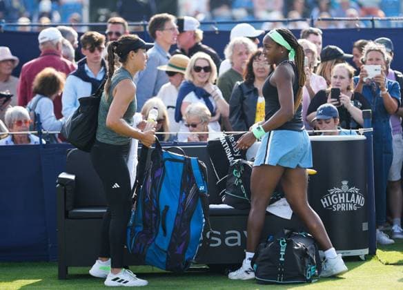 Mandatory Credit: Photo by Dave Shopland Shutterstock (13984799cm) USA s Coco Gauff and Jessica Pegula in doubles action Rothesay International Eastbourne, Tennis, Day Three, Devonshire Park, Eastbourne, UK - 28 Jun 2023 Rothesay International Eastbourne, Tennis, Day Three, Devonshire Park, Eastbourne, UK - 28 Jun 2023 Copyright: xDavexShopland Shutterstockx 13984799cm