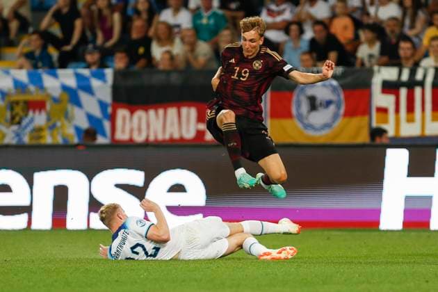 UEFA U21 European Championship, Germany England, 3 group match, 28 06 2023, Batumi Nelson WEIPER 19, Germany, 1 FSV Mainz 05 , Jarrad BRANTHWAITE 12, England , UEFA U21 European Football Championship in Romania and Georgia, Germany England, 3 group match, 28 06 2023, Batumi Copyright: xBEAUTIFULxSPORTS Meuselx