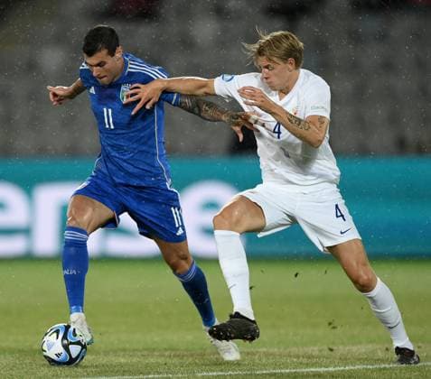 Db Cluj (Romania) 28 06 2023 - Euro 2023 Italia-Norvegia U21, U 21 foto Daniele Buffa Image nella foto: Pietro Pellegri-Sebastian Sebulonsen 