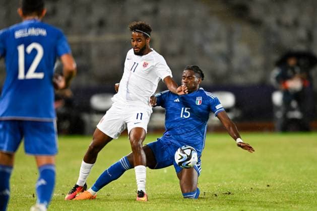 Norway U21, U 21 ¢& x80;& x99;s Emil Ceide and Italy U21Ã¢& x80;& x99;s Caleb Okoli during the third qualifying round UEFA European Under-21 Championship 2023 soccer match Italy U21 vs. Norway U21 at the Cluj Arena stadium in Cluj Napoca, Romania, 28nd of June 2023  Copyright: xVinnyxOrlando IPAxSportx xipa-agx xIPAxSportx 0 IPA_IPA38936289
