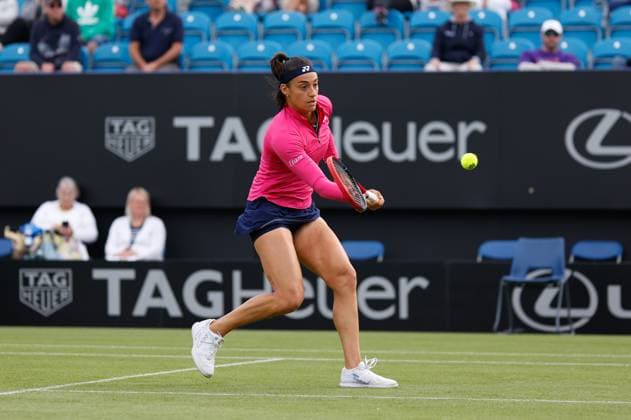 28th June 2023; Devonshire Park, Eastbourne, East Sussex, England: Rothesay International Eastbourne, Day 3; Caroline Garia (FRA) plays forehand against Anan Bogdan (Rou)  ActionPlus12524825 HongboxChen