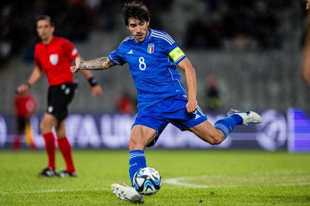 230628 Sandro Tonali of Italy during the UEFA European Under 21 Championship group stage football match between Italy and Norway on June 28, 2023 in Cluj Napoca Photo Marius Simensen BILDBYRAN COP 238 MM0023 bbeng euro under 21 football fotball fotboll fotboll italia norge norway soccer taly u21 u21 em uefa european under 21 championship  Copyright: MARIUSxSIMENSEN BB230628BB379