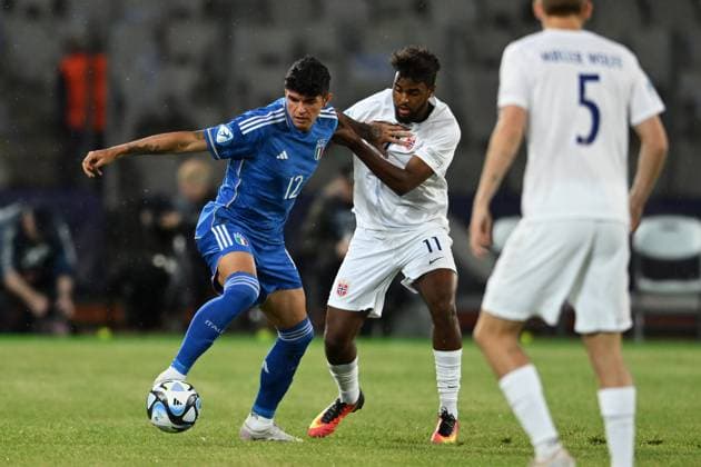 Raoul Bellanova (Italy U21, U 21 Emil Ceide (Norway U21) during the UEFA Under 21 Championship Georgia-Romania 2023 match between Italy 0-1 Nowey at Cluj Arena on June 28, 2023 in Cluj-Napoca, Romania. Noxthirdxpartyxsales  (222930705)