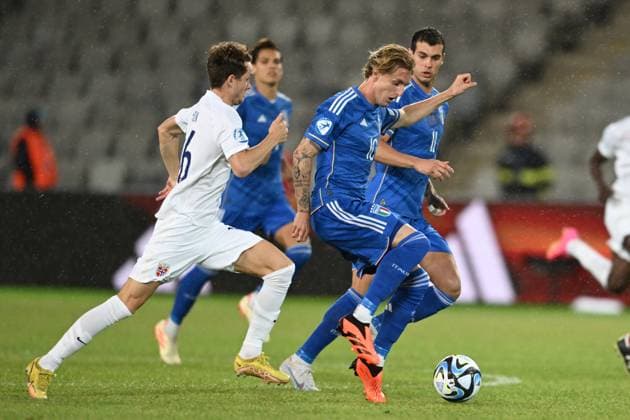 Nicolo Rovella (Italy U21, U 21 Hakon Evjen (Norway U21) during the UEFA Under 21 Championship Georgia-Romania 2023 match between Italy 0-1 Nowey at Cluj Arena on June 28, 2023 in Cluj-Napoca, Romania. Noxthirdxpartyxsales  (222930719)