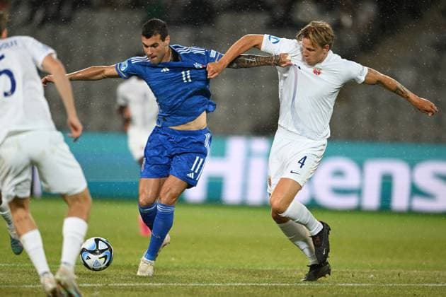 Pietro Pellegri (Italy U21, U 21 Jesper Daland (Norway U21) during the UEFA Under 21 Championship Georgia-Romania 2023 match between Italy 0-1 Nowey at Cluj Arena on June 28, 2023 in Cluj-Napoca, Romania. Noxthirdxpartyxsales  (222930785)