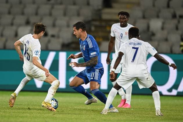 Hakon Evjen (Norway U21, U 21 Pietro Pellegri (Italy U21)Joshua Kitolano (Norway U21)Seedy Jatta (Norway U21) during the UEFA Under 21 Championship Georgia-Romania 2023 match between Italy 0-1 Nowey at Cluj Arena on June 28, 2023 in Cluj-Napoca, Romania. Noxthirdxpartyxsales  (222930890)