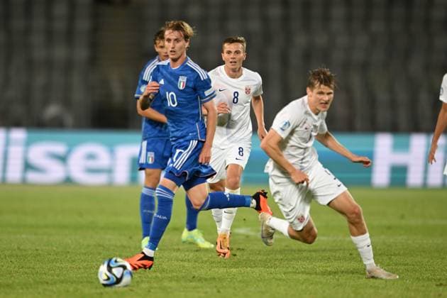 Nicolo Rovella (Italy U21, U 21 Johan Hove (Norway U21) during the UEFA Under 21 Championship Georgia-Romania 2023 match between Italy 0-1 Nowey at Cluj Arena on June 28, 2023 in Cluj-Napoca, Romania. Noxthirdxpartyxsales  (222930941)