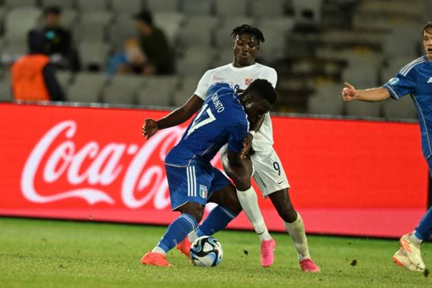 Wilfried Gnonto (Italy U21, U 21 Seedy Jatta (Norway U21) during the UEFA Under 21 Championship Georgia-Romania 2023 match between Italy 0-1 Nowey at Cluj Arena on June 28, 2023 in Cluj-Napoca, Romania. Noxthirdxpartyxsales  (222930962)