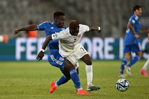 Joshua Kitolano (Norway U21, U 21 Wilfried Gnonto (Italy U21) during the UEFA Under 21 Championship Georgia-Romania 2023 match between Italy 0-1 Nowey at Cluj Arena on June 28, 2023 in Cluj-Napoca, Romania. Noxthirdxpartyxsales  (222930985)