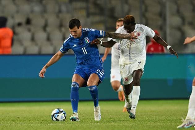 Pietro Pellegri (Italy U21, U 21 Joshua Kitolano (Norway U21) during the UEFA Under 21 Championship Georgia-Romania 2023 match between Italy 0-1 Nowey at Cluj Arena on June 28, 2023 in Cluj-Napoca, Romania. Noxthirdxpartyxsales  (222931004)