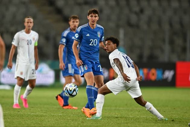 Andrea Cambiaso (Italy U21, U 21 Oscar Bobb (Norway U21) during the UEFA Under 21 Championship Georgia-Romania 2023 match between Italy 0-1 Nowey at Cluj Arena on June 28, 2023 in Cluj-Napoca, Romania. Noxthirdxpartyxsales  (222931217)