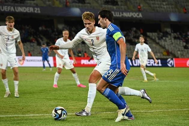 Sandro Tonali (Italy U21, U 21 Sebastian Sebulonsen (Norway U21) during the UEFA Under 21 Championship Georgia-Romania 2023 match between Italy 0-1 Nowey at Cluj Arena on June 28, 2023 in Cluj-Napoca, Romania. Noxthirdxpartyxsales  (222931283)