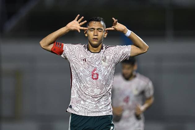 RECORD DATE NOT STATED JCC San Salvador 2023 Mexico vs Dominican Republic Fidel Ambriz celebrates his goal 2-0 of Mexico during the game Mexico vs Dominican Republic, corresponding to Group A of Mens Soccer at the Central American and Caribbean Games San Salvador 2023, at Las Delicias National Stadium, on June 28, 2023. <br><br> Fidel Ambriz celebra su gol 2-0 de Mexico durante el partido Mexico vs Republica Dominicana, correspondiente al Grupo A del Futbol Masculino en los Juegos Centroamericanos y del Caribe San Salvador 2023, en el Estadio Nacional Las Delicias, el 28 de Junio de 2023. SAN SALVADOR SAN SALVADOR EL SALVADOR  Copyright: xAdrianxMaciasx 20230628214405_JCC_23_M_MEX_DOM_AMBRIZ26