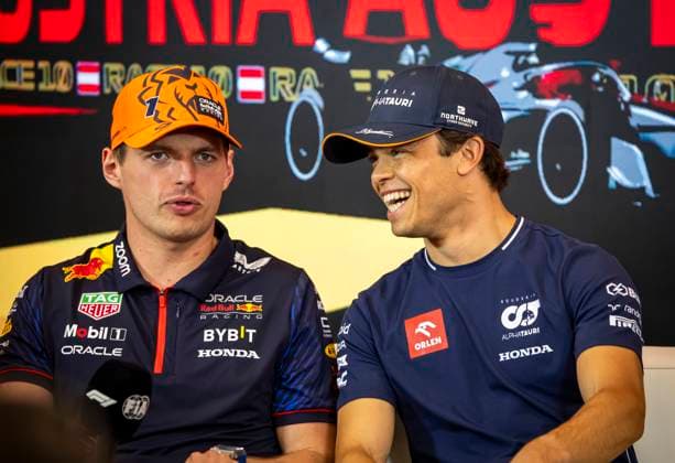 FORMULA 1 - GP of Austria 2023 SPIELBERG,AUSTRIA,29.JUN.23 - MOTORSPORTS, FORMULA 1 - Grand Prix of Austria, Red Bull Ring, preview. Image shows Max Verstappen (NED Red Bull Racing) and Nyck De Vries (NED AlphaTauri).  GEPAxpictures xWolfgangxJannach