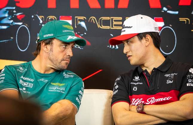 FORMULA 1 - GP of Austria 2023 SPIELBERG,AUSTRIA,29.JUN.23 - MOTORSPORTS, FORMULA 1 - Grand Prix of Austria, Red Bull Ring, preview. Image shows Fernando Alonso (ESP Aston Martin Aramco) and Zhou Guanyu (CHN Alfa Romeo).  GEPAxpictures xWolfgangxJannach