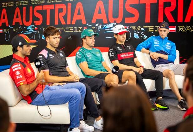 FORMULA 1 - GP of Austria 2023 SPIELBERG,AUSTRIA,29.JUN.23 - MOTORSPORTS, FORMULA 1 - Grand Prix of Austria, Red Bull Ring, preview. Image shows Carlos Sainz (ESP Ferrari), Pierre Gasly (FRA Alpine), Fernando Alonso (ESP Aston Martin Aramco), Zhou Guanyu (CHN Alfa Romeo) and Logan Sargeant (USA Williams).  GEPAxpictures xWolfgangxJannach