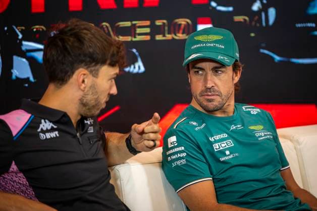 FORMULA 1 - GP of Austria 2023 SPIELBERG,AUSTRIA,29.JUN.23 - MOTORSPORTS, FORMULA 1 - Grand Prix of Austria, Red Bull Ring, preview. Image shows Pierre Gasly (FRA Alpine) and Fernando Alonso (ESP Aston Martin Aramco).  GEPAxpictures xWolfgangxJannach