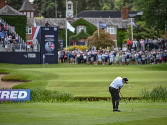 29th June 2023; The Belfry, Sutton Coldfield, West Midlands, England: Betfred British Masters Golf, Day 1; Thriston Lawrence (RSA) hits his approach to the 18th green  ActionPlus12524881 GodfreyxPitt