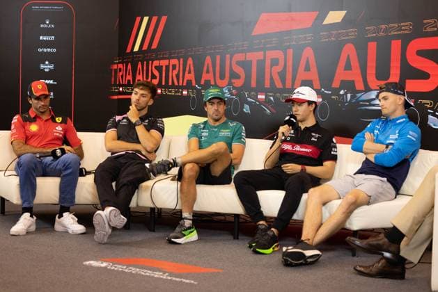 FORMULA 1 - GP of Austria 2023 SPIELBERG,AUSTRIA,29.JUN.23 - MOTORSPORTS, FORMULA 1 - Grand Prix of Austria, Red Bull Ring, press conference, PK, Pressekonferenz Image shows Carlos Sainz (ESP Ferrari), Pierre Gasly (FRA Alpine), Fernando Alonso (ESP Aston Martin), Zhou Guanyu (CHN Alfa Romeo) and Logan Sargent (USA Williams). GEPAxpictures xMatthiasxTrinkl
