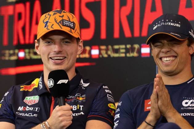 FORMULA 1 - GP of Austria 2023 SPIELBERG,AUSTRIA,29.JUN.23 - MOTORSPORTS, FORMULA 1 - Grand Prix of Austria, Red Bull Ring, press conference, PK, Pressekonferenz Image shows Max Verstappen (NED Red Bull Racing) and Nyck de Vries (NED AlphaTauri).  GEPAxpictures xMatthiasxTrinkl