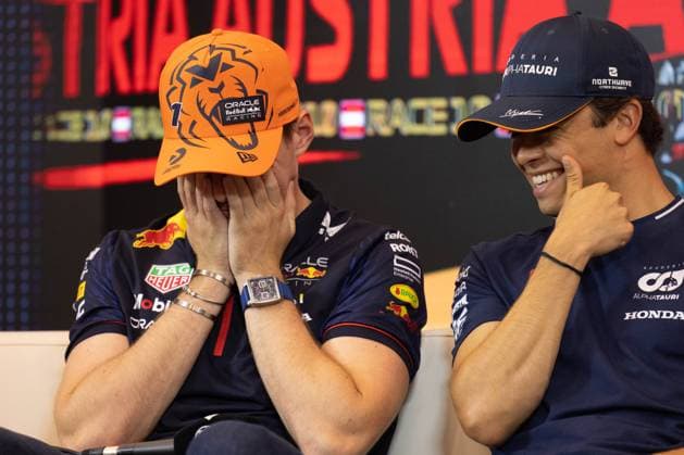 FORMULA 1 - GP of Austria 2023 SPIELBERG,AUSTRIA,29.JUN.23 - MOTORSPORTS, FORMULA 1 - Grand Prix of Austria, Red Bull Ring, press conference, PK, Pressekonferenz Image shows Max Verstappen (NED Red Bull Racing) and Nyck de Vries (NED AlphaTauri).  GEPAxpictures xMatthiasxTrinkl