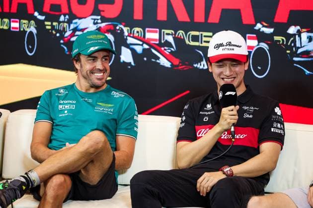 ALONSO Fernando (spa), Aston Martin F1 Team AMR23, ZHOU Guanyu (chi), Alfa Romeo F1 Team Stake C43, portrait during the 2023 Formula 1 Rolex Grosser Preis von Osterreich, 2023 Austrian Grand Prix, 9th round of the 2023 Formula One World Championship, WM, Weltmeisterschaft from June 30 to July 2, 2023 on the Red Bull Ring, in Spielberg, Austria - F1 - AUSTRIAN GRAND PRIX 2023 DPPI Panoramic 00123022_GOOD0460