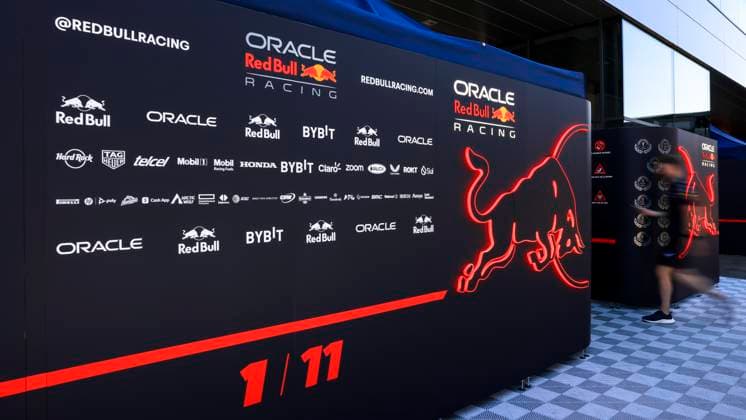 FORMULA 1 - GP of Austria 2023 SPIELBERG,AUSTRIA,29.JUN.23 - MOTORSPORTS, FORMULA 1 - Grand Prix of Austria, Red Bull Ring, preview. Image shows a feature with the entrance to the box of Red Bull Racing and a worker.  GEPAxpictures xMarioxBuehner
