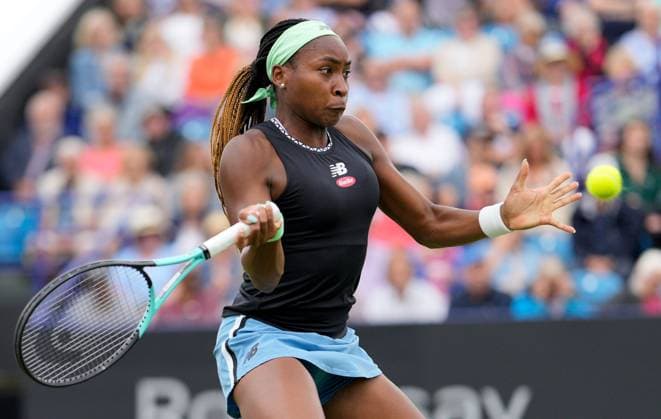 Mandatory Credit: Photo by Dave Shopland Shutterstock (13984800ay) USA s Coco Gauff in action as she wins quarter final in straight sets Rothesay International Eastbourne, Tennis, Day Four, Devonshire Park, Eastbourne, UK - 29 Jun 2023 Rothesay International Eastbourne, Tennis, Day Four, Devonshire Park, Eastbourne, UK - 29 Jun 2023 Copyright: xDavexShopland Shutterstockx 13984800ay