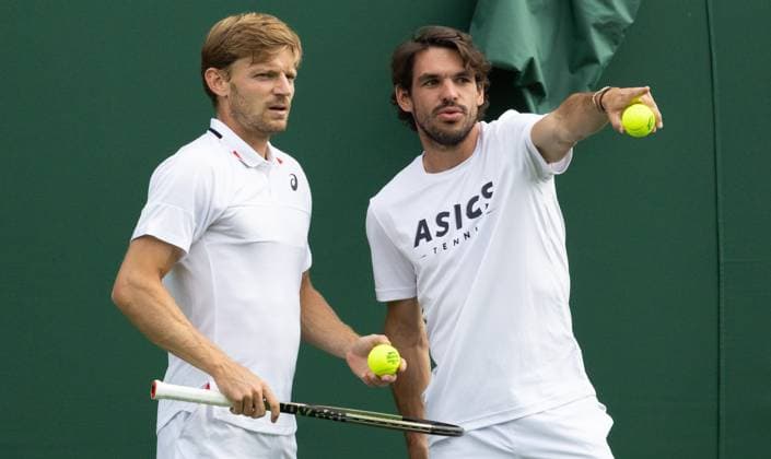 Belgian David Goffin and Goffin s coach Germain Gigounon pictured during a training session ahead of the 2023 Wimbledon grand slam tennis tournament at the All England Tennis Club, in south-west London, Britain, Thursday 29 June 2023. BENOITxDOPPAGNE  x69688135x