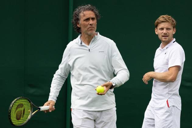 Goffin s coach Yannis Demeroutis and Belgian David Goffin pictured during a training session ahead of the 2023 Wimbledon grand slam tennis tournament at the All England Tennis Club, in south-west London, Britain, Thursday 29 June 2023. BENOITxDOPPAGNE  x69688777x
