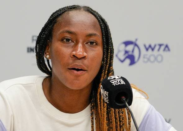 Mandatory Credit: Photo by Dave Shopland Shutterstock (13984800cq) Coco Gauff reacts to being asked if she hung out with Caroline Wozniaki in Florida at her press conference, PK, Pressekonferenz Rothesay International Eastbourne, Tennis, Day Four, Devonshire Park, Eastbourne, UK - 29 Jun 2023 Rothesay International Eastbourne, Tennis, Day Four, Devonshire Park, Eastbourne, UK - 29 Jun 2023 Copyright: xDavexShopland Shutterstockx 13984800cq