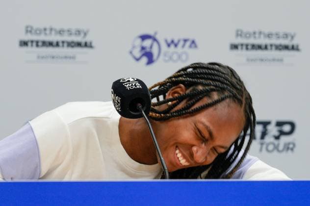 Mandatory Credit: Photo by Dave Shopland Shutterstock (13984800ct) Coco Gauff reacts to being asked if she hung out with Caroline Wozniaki in Florida at her press conference, PK, Pressekonferenz Rothesay International Eastbourne, Tennis, Day Four, Devonshire Park, Eastbourne, UK - 29 Jun 2023 Rothesay International Eastbourne, Tennis, Day Four, Devonshire Park, Eastbourne, UK - 29 Jun 2023 Copyright: xDavexShopland Shutterstockx 13984800ct