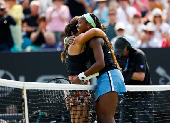 29th June 2023; Devonshire Park, Eastbourne, East Sussex, England: Rothesay International Eastbourne, Day 4; Jessica Pegula (USA) congratulates to Coco Gauff (USA) after the match  ActionPlus12524991 HongboxChen