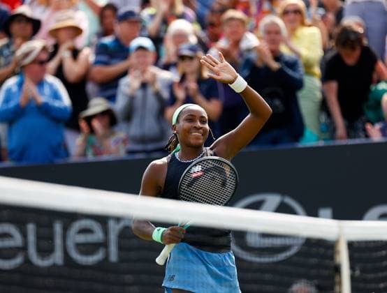 29th June 2023; Devonshire Park, Eastbourne, East Sussex, England: Rothesay International Eastbourne, Day 4; Coco Gauff (USA) celebrates her victory after defeating Jessica Pegula (USA)  ActionPlus12524992 HongboxChen