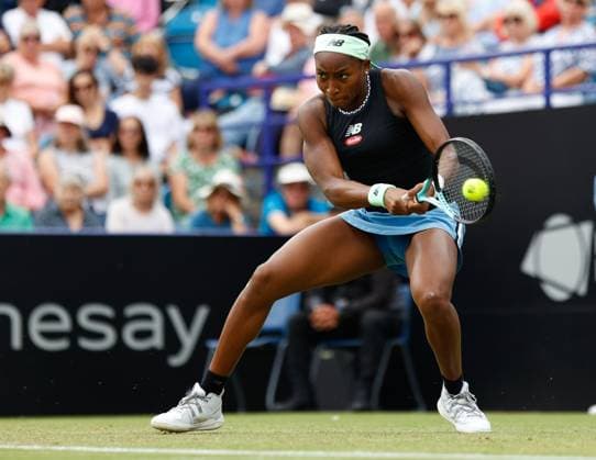 29th June 2023; Devonshire Park, Eastbourne, East Sussex, England: Rothesay International Eastbourne, Day 4; Coco Gauff (USA) plays a backhand against Jessica Pegula (USA)  ActionPlus12524981 HongboxChen