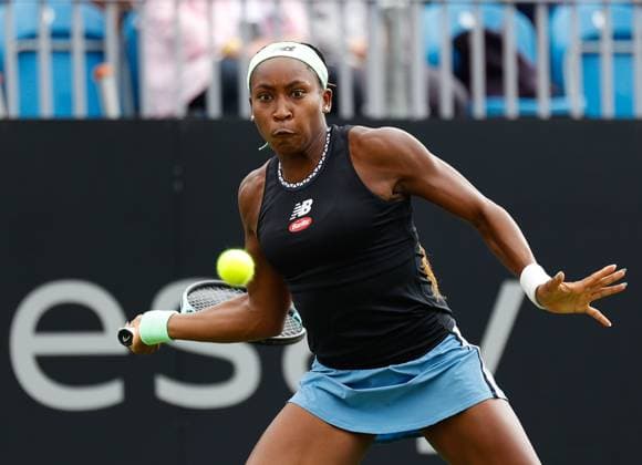 29th June 2023; Devonshire Park, Eastbourne, East Sussex, England: Rothesay International Eastbourne, Day 4; Coco Gauff (USA) plays a forehand against Jessica Pegula (USA)  ActionPlus12524984 HongboxChen