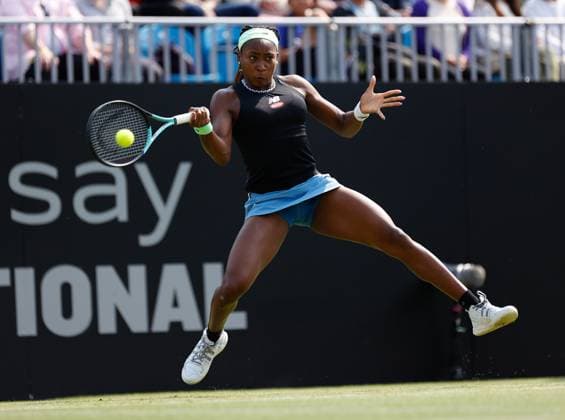 29th June 2023; Devonshire Park, Eastbourne, East Sussex, England: Rothesay International Eastbourne, Day 4; Coco Gauff (USA) plays a forehand against Jessica Pegula (USA)  ActionPlus12524987 HongboxChen