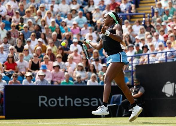 29th June 2023; Devonshire Park, Eastbourne, East Sussex, England: Rothesay International Eastbourne, Day 4; Coco Gauff (USA) plays a forehand against Jessica Pegula (USA)  ActionPlus12524988 HongboxChen