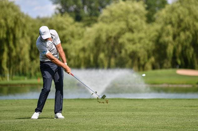 Sport Bilder des Tages 29th June 2023; The Belfry, Sutton Coldfield, West Midlands, England: Betfred British Masters Golf, Day 1; Dale Whitnell (ENG) hits his approach to the 18th green  ActionPlus12525027 GodfreyxPitt