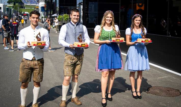 FORMULA 1 - GP of Austria 2023 SPIELBERG,AUSTRIA,30.JUN.23 - MOTORSPORTS, FORMULA 1 - Grand Prix of Austria, Red Bull Ring, practice and qualifying. Image shows hospitality personal with cakes.  GEPAxpictures xWolfgangxJannach