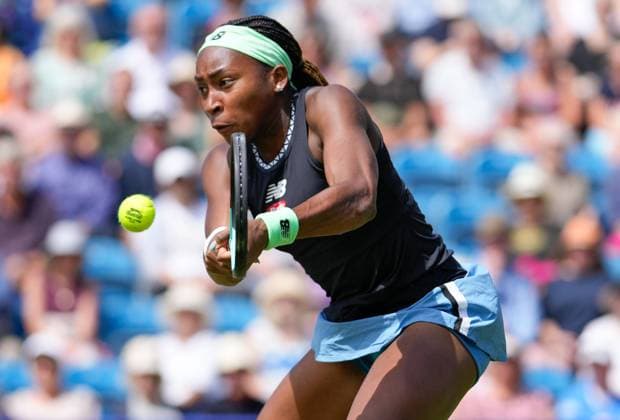 Mandatory Credit: Photo by Dave Shopland Shutterstock (13984801an) USA s Coco Gauff in action during her semi final defeat Rothesay International Eastbourne, Tennis, Day Five, Devonshire Park, Eastbourne, UK - 30 Jun 2023 Rothesay International Eastbourne, Tennis, Day Five, Devonshire Park, Eastbourne, UK - 30 Jun 2023 Copyright: xDavexShopland Shutterstockx 13984801an